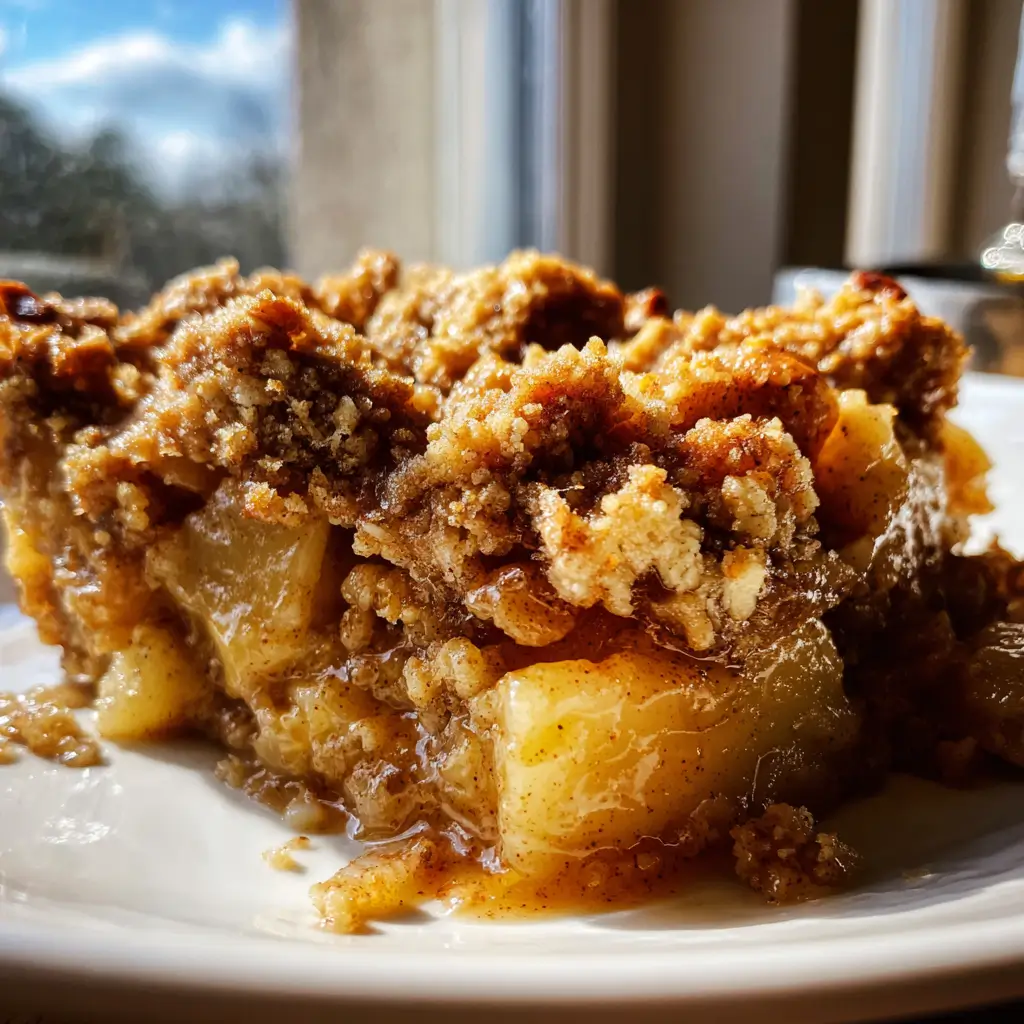 High-Protein Apple Crumble – 1 Smart Treat to Feel Good 4 Close-up of high-protein apple crumble slice with gooey apple filling and oat-protein topping