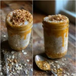 layered pumpkin cheesecake overnight oats in mason jar topped with crushed graham crackers and cinnamon