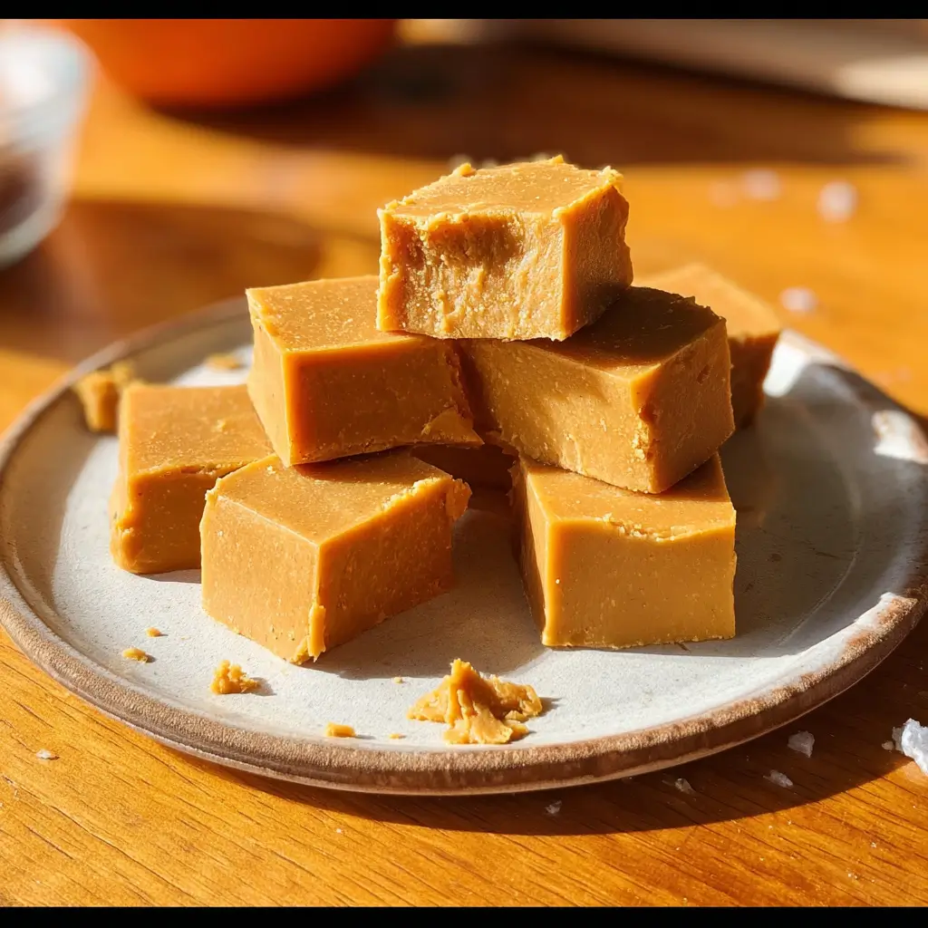 Pumpkin Fudge – Irresistibly Creamy Holiday Treat in 5 Easy Steps 4 Cozy spiced Pumpkin Fudge squares with cinnamon flecks and creamy texture on rustic plate