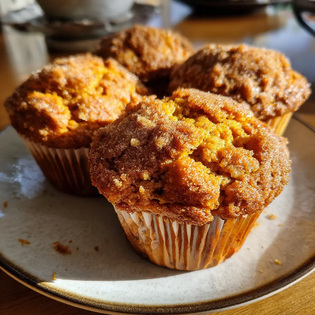Pumpkin Muffins Recipe – Moist, Flavorful, and Easy to Make 4 Warm homemade pumpkin muffins with cinnamon-sugar tops and moist interior on a rustic kitchen table