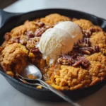 Homemade Pumpkin Pecan Cobbler with spiced pumpkin cobbler filling and crunchy pecan cobbler topping in rustic baking dish