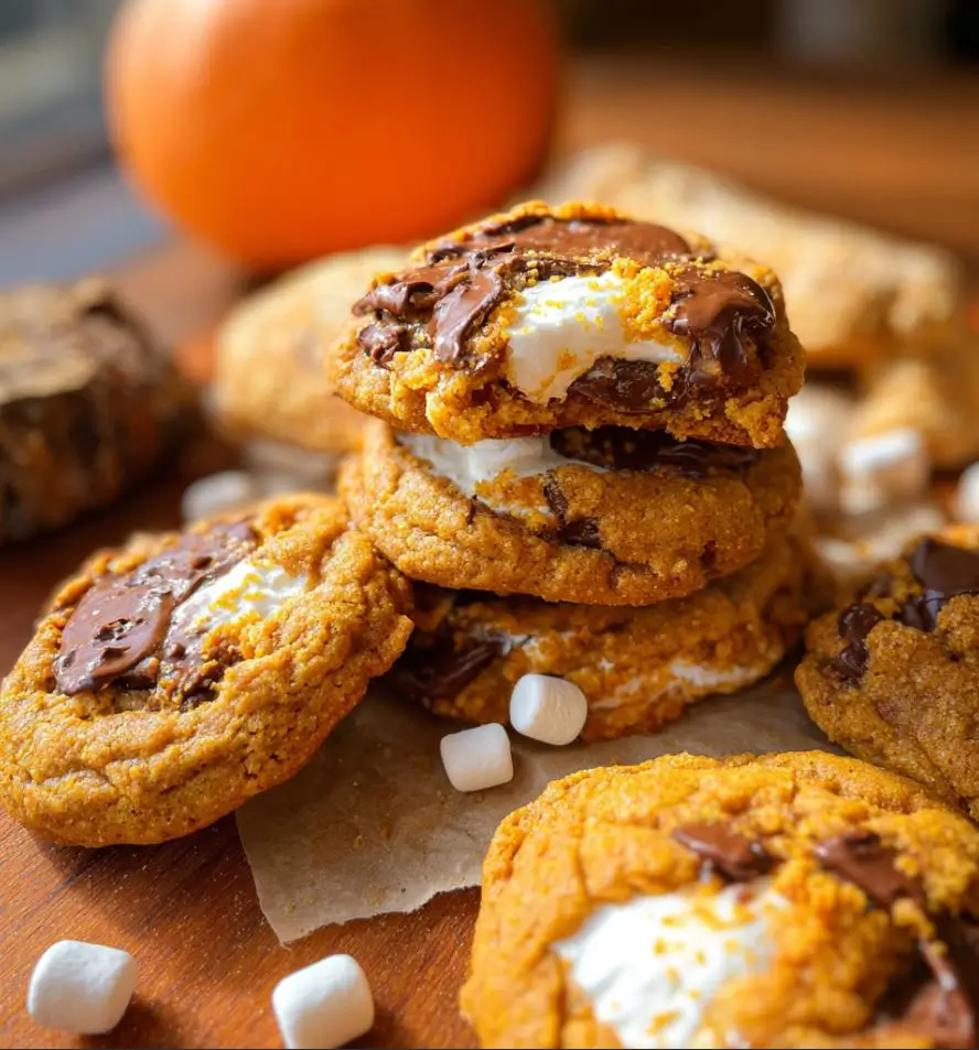 Pumpkin S'mores Cookies – The Ultimate Fall Treat for Every Sweet Tooth 4 Homemade Pumpkin S'mores Cookies with gooey marshmallow and melting chocolate, perfect fall cookies