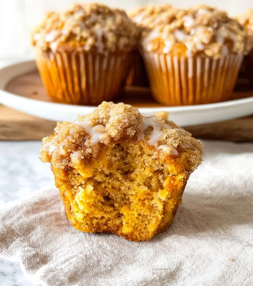 Pumpkin Streusel Muffins – Bakery-Style Fall Favorite in 30 Minutes 4 Pumpkin streusel muffins with crumb topping and moist interior on rustic wooden table – pumpkin muffins, pumpkin crumb muffins