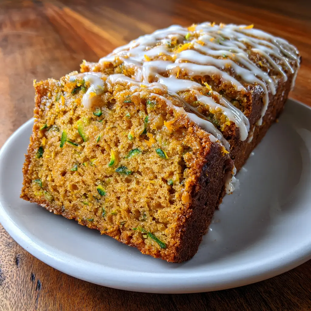 Pumpkin Zucchini Bread – The Ultimate Moist Fall Loaf You’ll Love 4 Moist pumpkin zucchini bread slice with cream cheese glaze on white plate