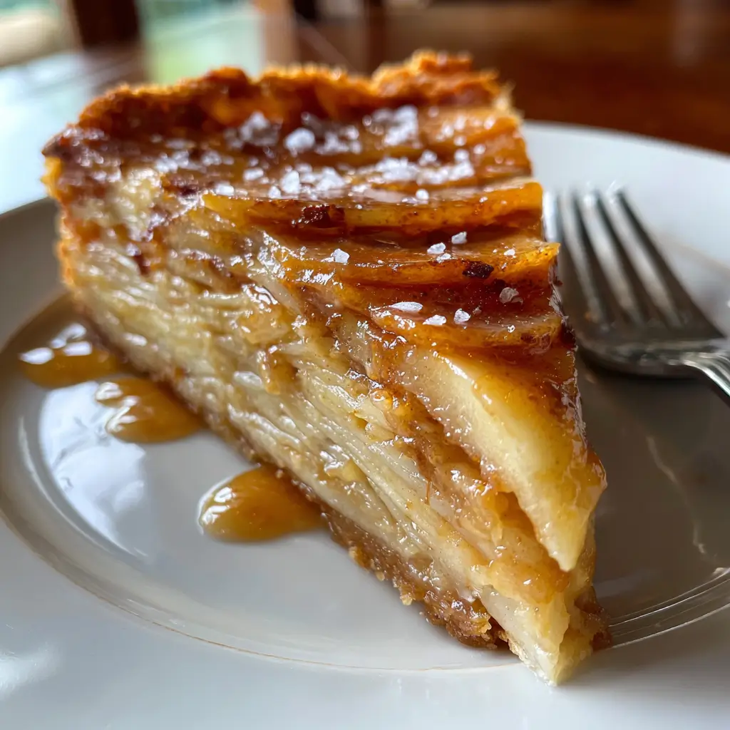 Thousand-Layer Apple Recipe: Ultimate Dessert With 1000 Sweet Layers 5 Close-up of Thousand-Layer Apple slice with caramel glaze and flakey salt on white plate