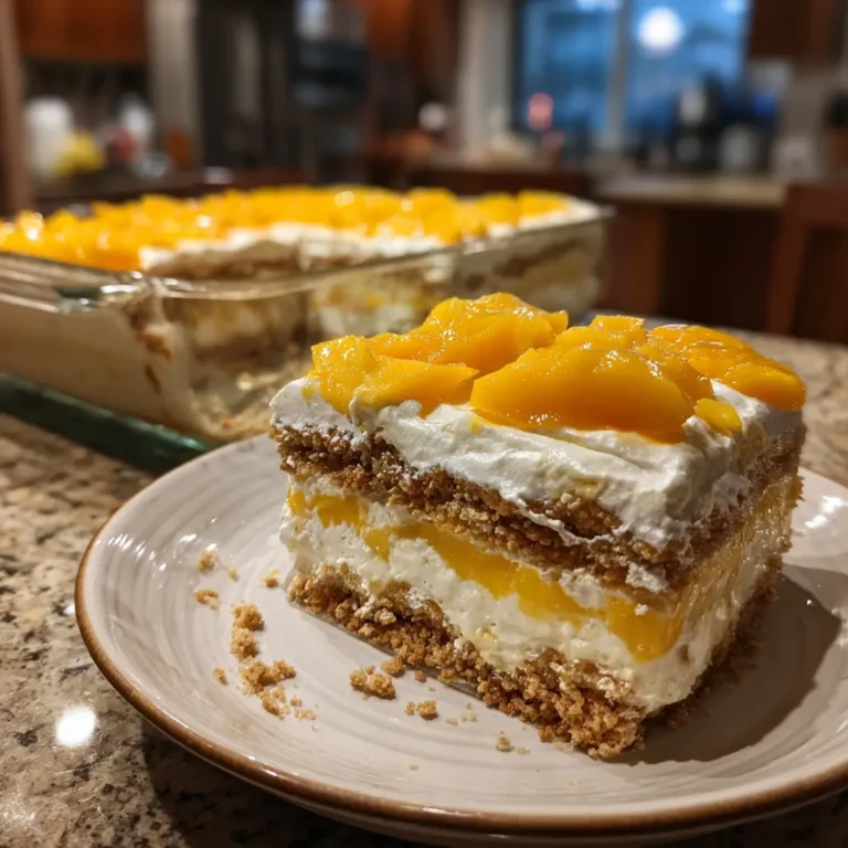 Graham Mango Float layered with ripe mangoes, cream, and graham crackers on a plate