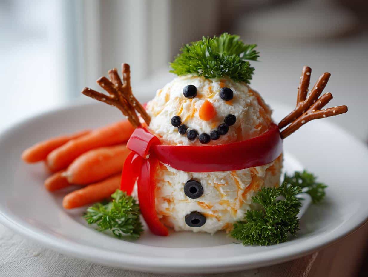 Christmas Snowman Cheese Ball with Pretzel Carrots