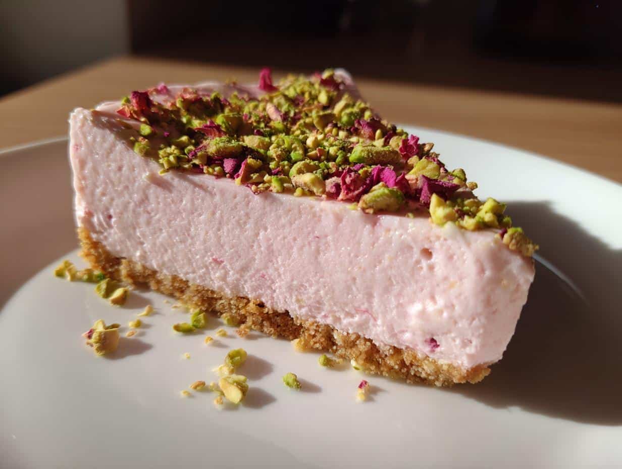 Pistachio-Rose Christmas Cheesecake