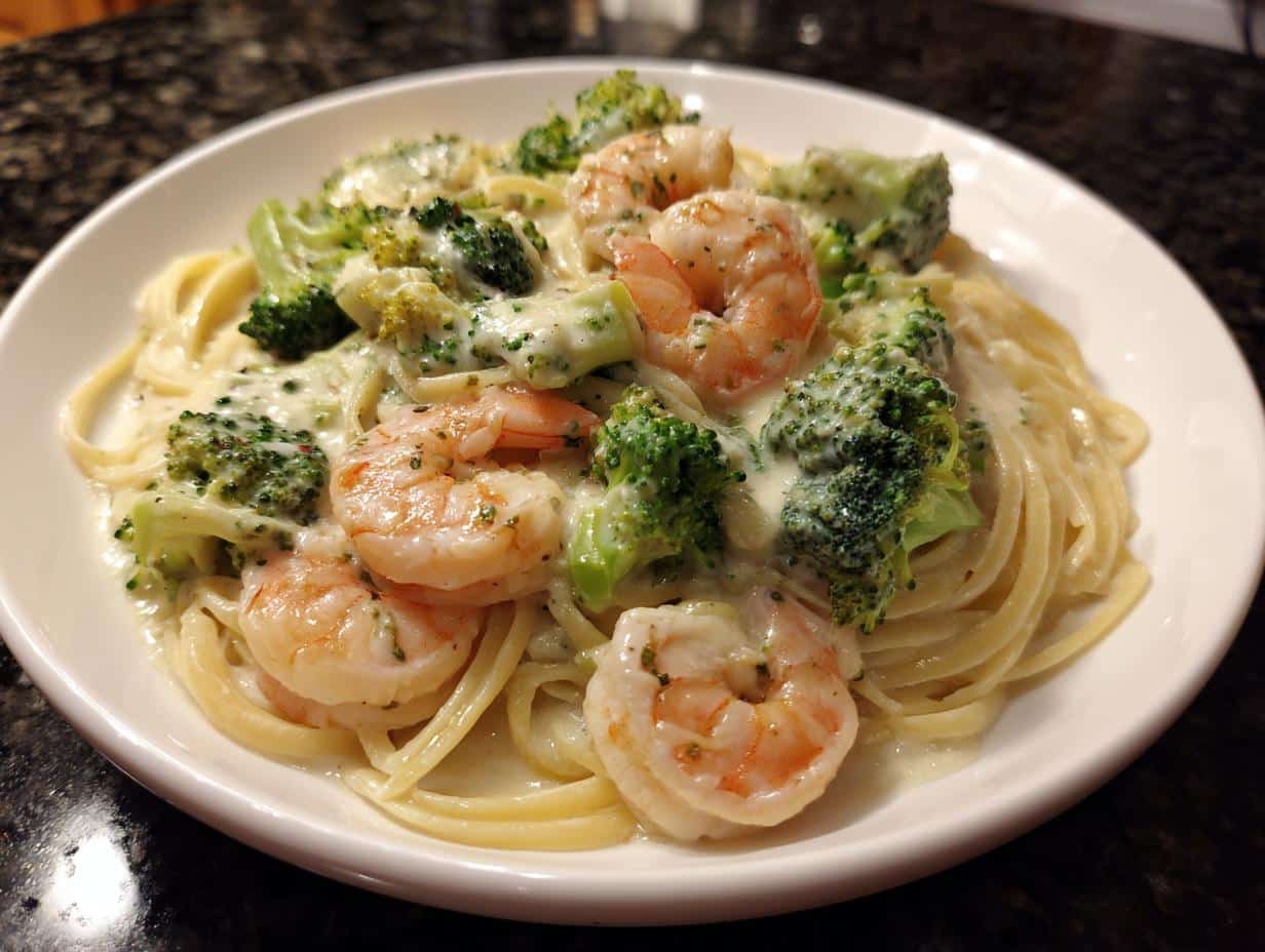 Shrimp and Broccoli White Sauce Pasta