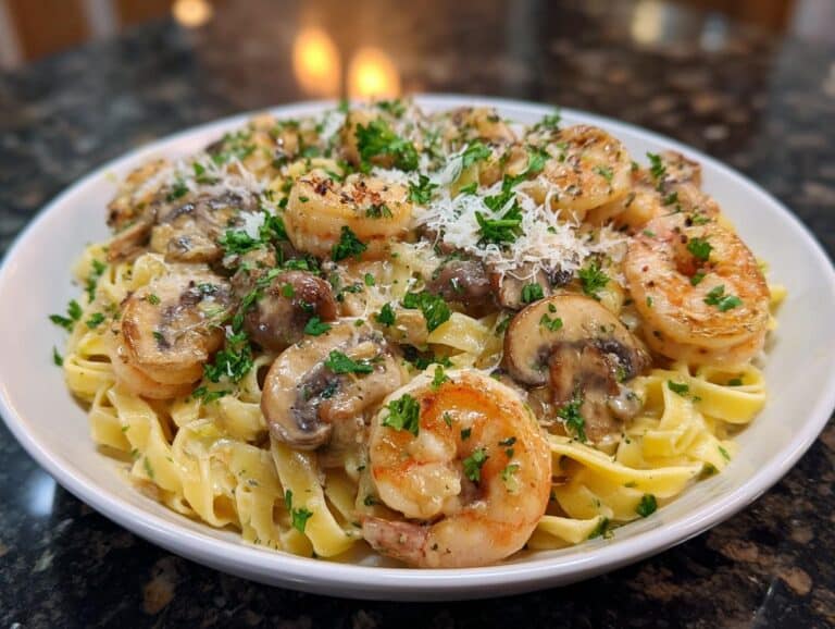 Shrimp and Creamy Mushroom Tagliatelle