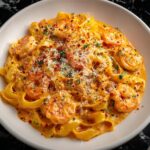 Shrimp and Creamy Roasted Pepper Fettuccine