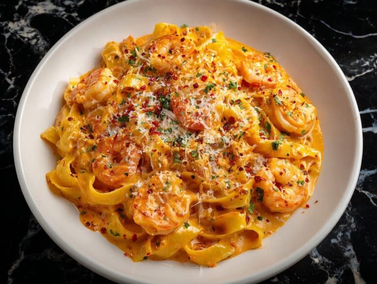 Shrimp and Creamy Roasted Pepper Fettuccine