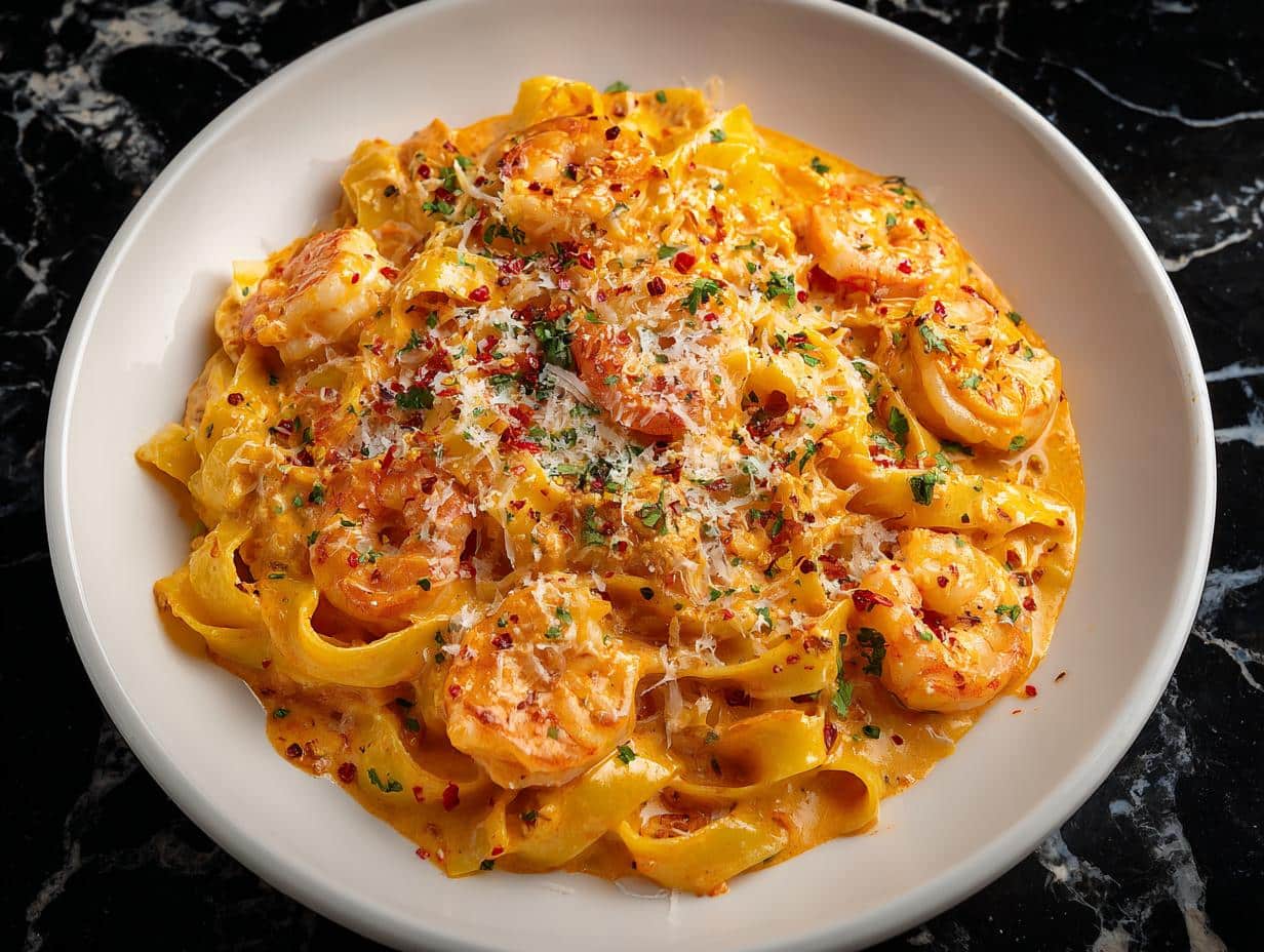 Shrimp and Creamy Roasted Pepper Fettuccine