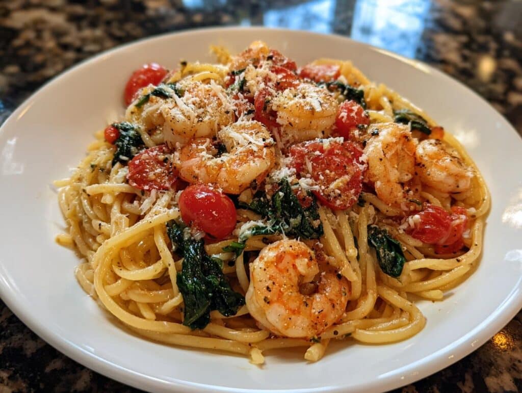 Shrimp and Tomato Spinach Linguine