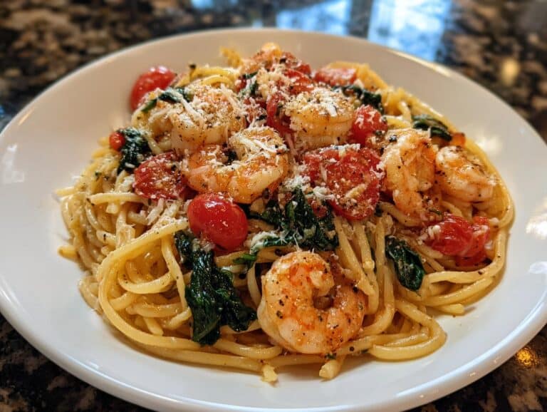 Shrimp and Tomato Spinach Linguine